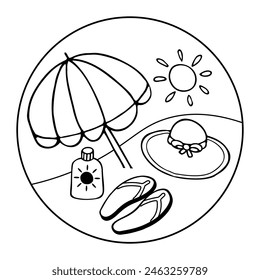 Emblema motivacional de Vector con sol, sombrilla de playa, sombrero, flipflop, protector solar para vacaciones de verano, viajes, Elementos de playa. Dibujado a mano garabatos de Vector en estilo de línea. Contorno de línea en estilo de esbozo.