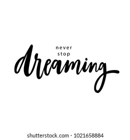 VECTOR MOTIVATIONAL HAND LETTERING. NEVER STOP DREAMING. QUOTE. PHRASE. TYPOGRAPHY