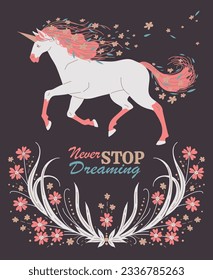 Vector motivational poster with white horse unicorn with flowers on the mane and tail. Hand drawn fantastic horse with floral ornament and lettering. Fairy tale character. Never stop dreaming postcard