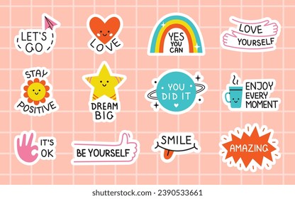 Vector motivational sticker pack. Cute sticker set with positive phrases. Motivation stickers for planner.