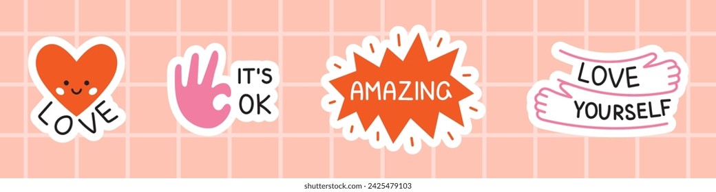 Vector motivational sticker pack. Cute set of red and pink stickers with inspirational phrases. Collection of love, amazing, its ok and love yourself text.