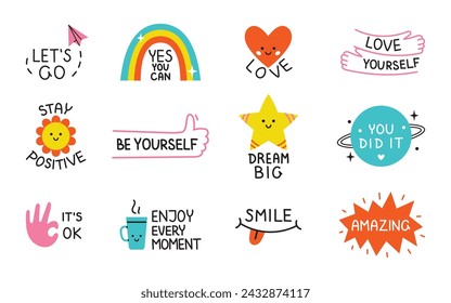 Paquete de pegatina motivacional vectorial. Lindo conjunto de pegatinas de colores con frases positivas. Pegatinas de motivación para planificador. Colección de ilustraciones coloridas en diseño plano.