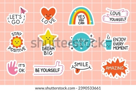 Vector motivational sticker pack. Cute sticker set with positive phrases. Motivation stickers for planner.