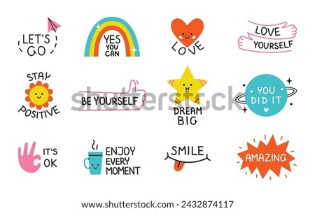 Vector motivational sticker pack. Cute colorful sticker set with positive phrases. Motivation stickers for planner. Collection of colorful illustrations in flat design.