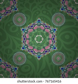 Vector motley ornament. Can be used for luxury greeting rich card. Vintage seamless texture. Pattern with green and pink elements.
