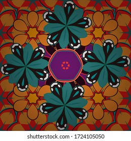 Vector motley ornament. Vintage seamless texture. Can be used for luxury greeting rich card. Pattern with orange, red and brown elements.