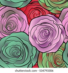 Vector motley rose flowers seamless pattern.
