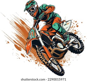 vector A motocross rider on a motorcycle in a orange jacket t-shirt design