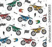 Vector motocross seamless pattern. Dirt bike cartoon repeat pattern.