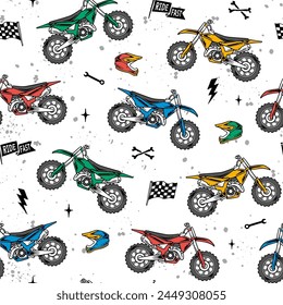 Vector motocross seamless pattern. Dirt bike cartoon repeat pattern.