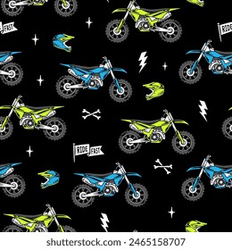 Vector motocross seamless pattern. Dirt bike cartoon repeat pattern.