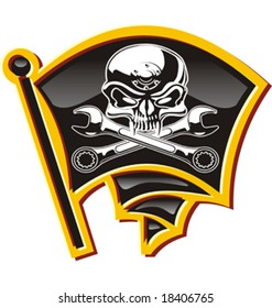 Vector moto-Jolly Roger badge. Detailed vector illustration separated by layers for easy edit.