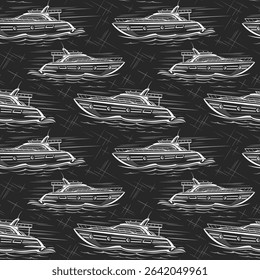 Vector Motor Boat seamless pattern, decorative nautical background with illustration of sports motor boats in moving for bed linen, square placard with white contour clipart of expensive speed boats