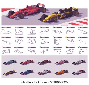 Vector motor racing tracks collection and set of the open wheel racing cars - Shutterstock ID 1038068005