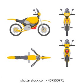 Vector motorbike illustration in different positions. Motorcycle, transport vehicle, top, side, front, rear view. 