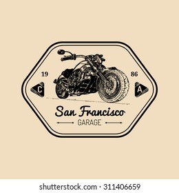 Vector motorcycle advertising poster. Hand sketched illustration for MC badge. Detailed bike logo for custom company, chopper store, garage label, t-shirt print.