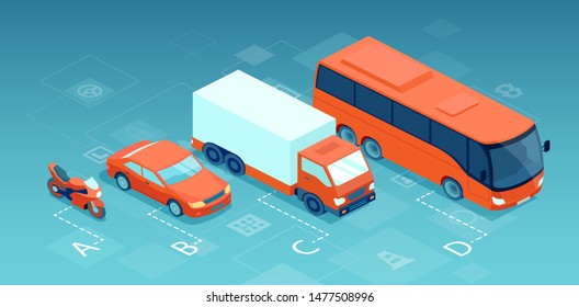 Vector of a motorcycle, car, truck and bus in a row, showing categories of drivers license 