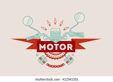 Vector motorcycle composition with wheel, rear-view mirrors, pistons, nuts, plugs and speedometer. The inscription on the flag motor