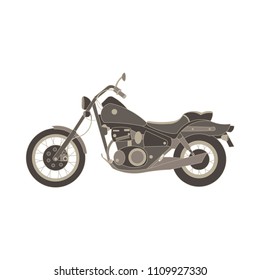 Vector motorcycle flat icon chopper. Motorbike side view vintage illustration design isolated. Antique bike, badge, black, classic cycle day. Engine fast garage old power retro racer silhouette sign.