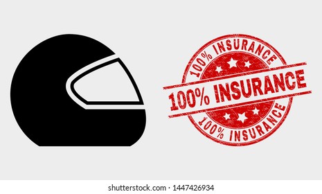 Vector motorcycle helmet icon and 100% Insurance seal. Red round grunge seal with 100% Insurance caption. Vector combination for motorcycle helmet in flat style. Black isolated motorcycle helmet icon.