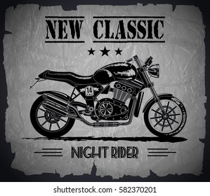 Vector motorcycle inspirational, advertising poster. Hand drawn illustration for retro motorcycle on textured background. Graphic bike logo for custom company, motor club, garage label, T-shirt print.