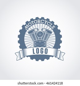 vector motorcycle logo; bikers garage engine service insignia, custom bike engine badge with v8 motor, gearwheel, ribbon and text