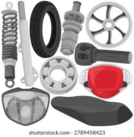 Vector motorcycle parts clipart set with shock absorber, tire, gears, wheel rim, bearing, throttle grip, headlight, red tail light and seat, isolated on white background, repair and custom design
