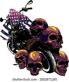 vector motorcycle with skulls and american flag
