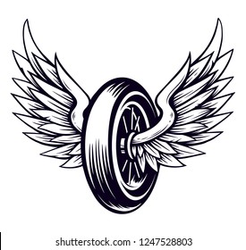 Vector Motorcycle Wheel with Wings isolated on white. Monochrome tattoo style symbol for bikers.
