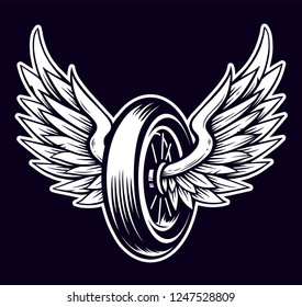 Vector Motorcycle Wheel with Wings isolated on black. Monochrome tattoo style symbol for bikers.