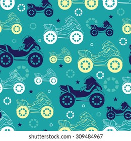 Vector Motorcycles Blue Green Yellow Seamless Pattern. Motorkbike Biker Sport