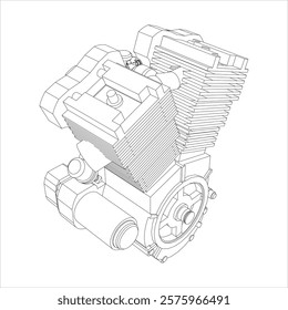 Vector Motorcycles engine V-twin line drawing technical blueprints Illustration Isometric view. isolated on white background