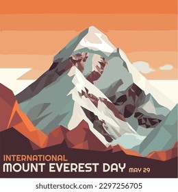 vector de monte everest con nieve y nube con cielo naranja. texto en negrita monte internacional día 29 de mayo