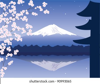 Vector Mount Fuji And Cherry Blossom. Mountain Fuji In Japan.