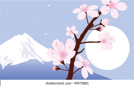 vector Mount Fuji, moon and branches of sakura (cherry)