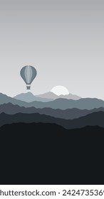 vector mountain and air balloon floating in the sky