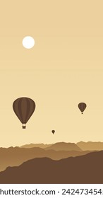 vector mountain and air balloons floating in the sky