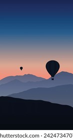 vector mountain and air balloons floating in the sunset sky