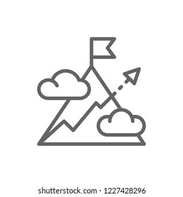 Vector mountain with arrow, mount, hill, target, goal line icon. Symbol and sign illustration design. Isolated on white background