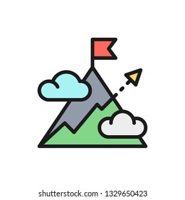 Vector mountain with arrow, mount, hill, target, goal flat color line icon.