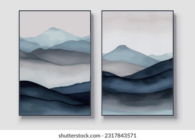 Pintura de arte de montaña vectorial hecha de geometría de acuarela azul y gris