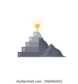 Vector mountain and award on the top of it, acieving concept, small steps, everything is possible, business strategy.