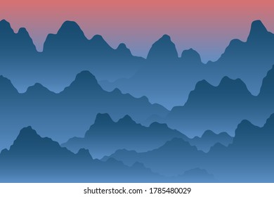 Fondo de montaña vectorial. Hermoso paisaje de montañas matutinas en niebla.