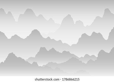 Fondo de montaña vectorial. Hermoso paisaje de montañas matutinas en niebla.
