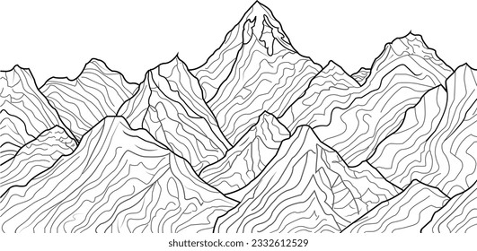 Vector Mountain background. Snow landscape line illustration