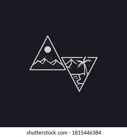 vector of mountain and beach inside triangles mono line illustration. good for logo, sticker, or merchandise usage.