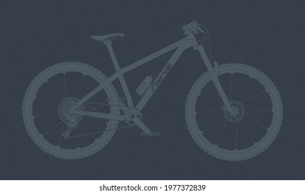 Vector mountain bike. Line art. Picture with lots of details. Blue background