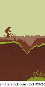 Vector mountain bike with rider illustration on simple natural background with hills and rocks