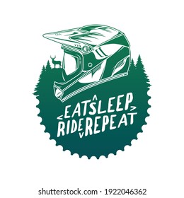 Vector mountain biking badge with full face helmet and pine trees