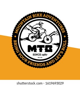 Vector mountain biking badge, logo, label with rider on a bike. Downhill, enduro, cross-country biking illustration